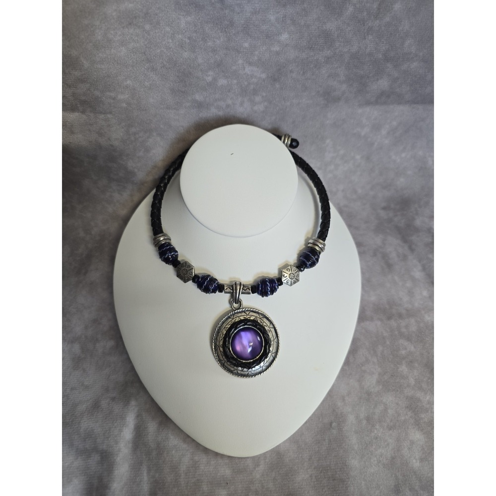 Signed CHICO'S Silvertone Dangle Purple Stone Pendant 16" on Black Leather Rope